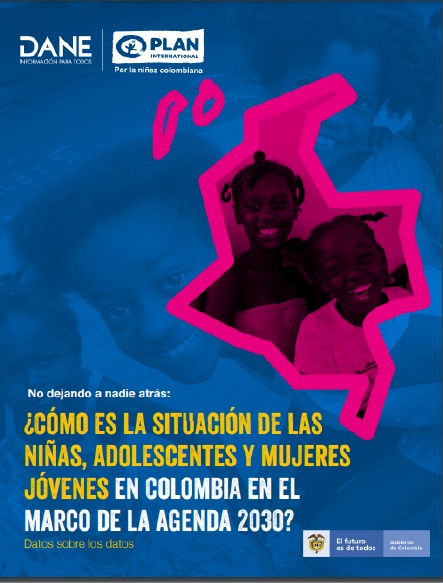 Portada de documento, ¿Cómo es la situación de las niñas, adolescentes y mujeres jóvenes en Colombia en el marco de la agenda 2023? En la portada se ven dos niñas afrodescendientes dentro de la silueta del mapa de colombia en color fucsia y el fondo del la portada es azul